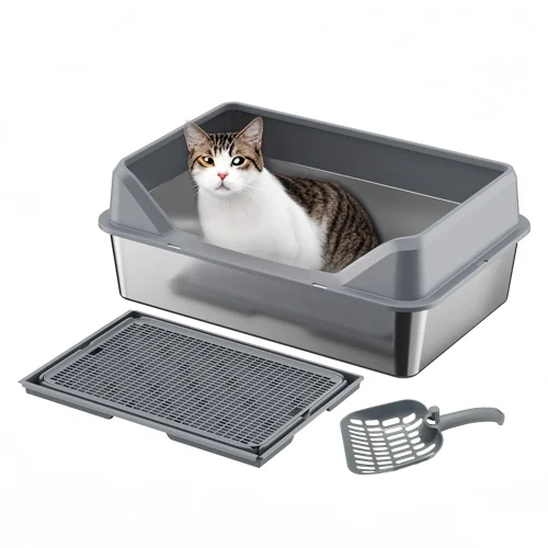 Stainless Steel Litter Box 16''  with Double Layer Litter Mat